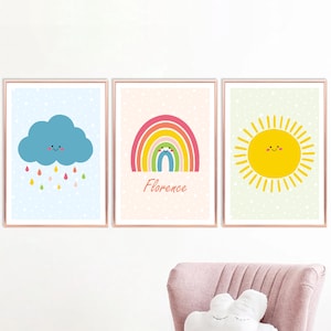 Set di 3 stampe per la cameretta dei bambini Sunshine, stampe da parete arcobaleno, stampe personalizzate per la camera delle bambine, sole, nuvola e arcobaleno, decorazioni per la sala giochi, cameretta dei bambini con nome