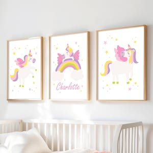 Personalisiertes Fairy Tail Einhorn Wandbild, 3er Set, rosa Regenbogen Prints, Mädchen Wandbilder, Kinder Einhorn Poster, Spielzimmer Poster
