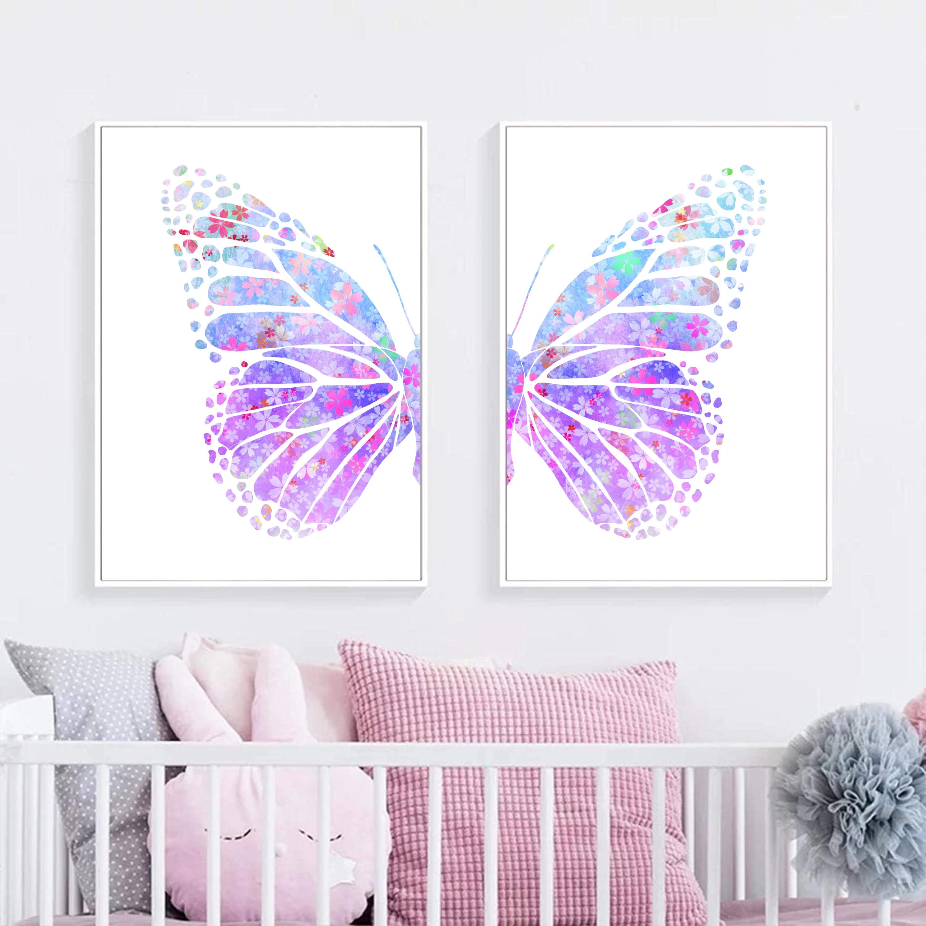 Set of 2 Purple Butterfly Prints, Purple Nursery Decor, Pastel Butterfly Prints, Floral Butterfly Nursery Wall Art, Kids Room Wall Prints