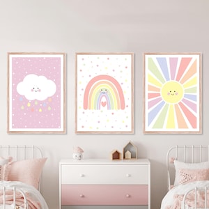 Juego de 3 láminas para habitación infantil con diseño de sol pastel, arte de pared con arcoíris para habitación infantil, sol y nubes alegres, decoración rosa para dormitorio de niña, pósteres para habitación de bebé niña