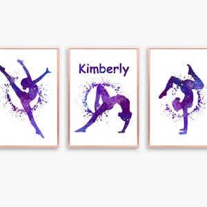 Set personalizzato di 3 stampe di ginnastica viola, decorazione per camera da letto per ragazze, decorazione di ginnastica viola, regalo per ginnaste, arte di ginnastica per ragazze adolescenti