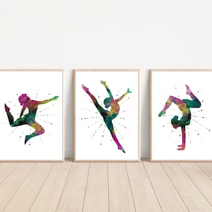 Set di 3 stampe di ginnastica rosa e verdi, regalo per ragazze ginnaste, stampe di ginnastica per ragazze adolescenti, arredamento moderno per la cameretta delle ragazze, arte della ginnastica