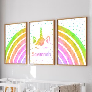 Unicorn Rainbow Nursery Prints: Set of 3 Personalized Wall Decor