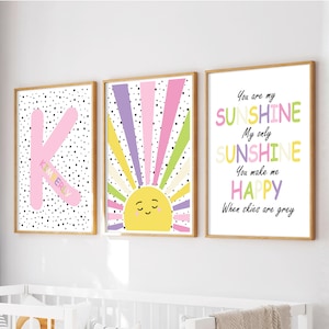 Set di 3 stampe murali per la cameretta dei bambini Sunshine, decorazioni per la camera da letto rosa delle bambine, stampe di affermazioni per bambini, arte murale arcobaleno, decorazioni per la cameretta delle bambine felici