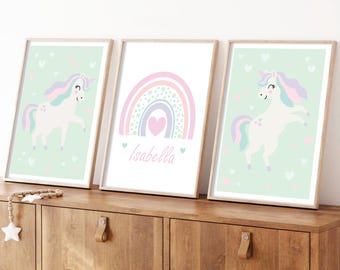 Set di 3 stampe per cameretta a tema unicorno: arcobaleno pastello, nome personalizzato