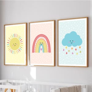 Juego de 3 impresiones de arte de pared para guardería, nubes arcoíris y sol, decoración para habitación de niña, decoración de dormitorio con sol, pósteres para sala de juegos, sin marco