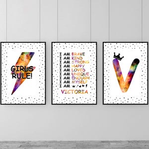 Set di 3 stampe da parete con affermazioni per bambini, poster "Girls' Rules", decorazioni colorate per la camera da letto delle bambine, stampe con affermazioni per ragazze adolescenti