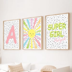 Set di 3 stampe per la camera da letto delle bambine con scritta Sunshine, decorazioni per bambini con sole, decorazioni murali personalizzate per la cameretta dei bambini, decorazioni luminose per la cameretta delle bambine, stampe Super Girl