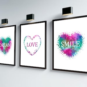 Set di 3 stampe a forma di cuore rosa e verde acqua, poster "Sogno, Amore e Sorriso", decorazioni per la camera da letto delle bambine, decorazioni da parete a forma di cuore, set di 3 stampe a forma di cuore per la camera da letto