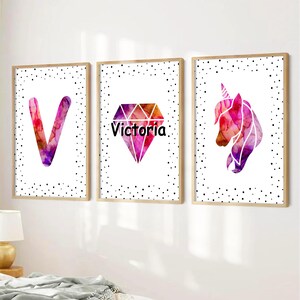Set di 3 stampe personalizzate per la camera da letto delle ragazze, decorazioni per la cameretta delle ragazze adolescenti, stampe con unicorni, arte murale moderna per ragazze, stampa a forma di diamante per ragazze, decorazioni femminili