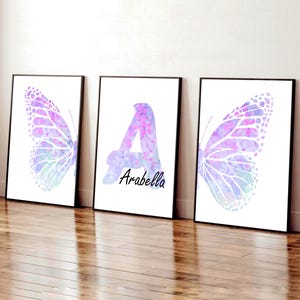 Set di 3 stampe di farfalle lilla, arte murale personalizzata con farfalle per la cameretta dei bambini, decorazioni per la camera da letto delle bambine viola, stampe per la cameretta dei bambini pastello, cameretta delle bambine lilla