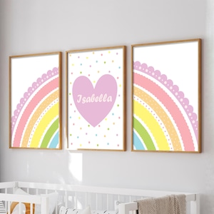 Set personalizzato di 3 stampe artistiche arcobaleno pastello, decorazioni personalizzate per la cameretta dei bambini, decorazioni murali per la cameretta delle bambine, stampe arcobaleno per la cameretta dei bambini, cuore con nome
