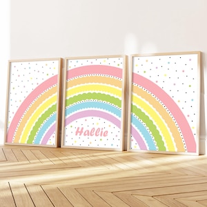 Set di 3 stampe arcobaleno per la cameretta dei bambini, decorazioni per la camera delle bambine, arte arcobaleno pastello, stampe arcobaleno per la cameretta delle bambine, stampa artistica con il nome del bambino, decorazioni arcobaleno