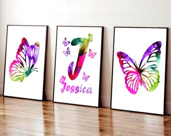 Personalized Butterfly Prints Set: Pink Purple Nursery Decor