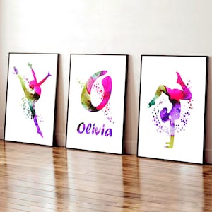 Lot de 3 affiches de gymnastique roses et violettes personnalisées pour chambre de fille, lot de 3 affiches de gymnaste, impressions de gymnastique violettes, décoration de chambre de fille