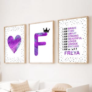 Arte de afirmación para niños, juego de 3 impresiones para dormitorio de niñas, decoración de dormitorio de niñas en color morado, impresiones de afirmación para niñas adolescentes, impresiones de arte de pared personalizadas para niñas