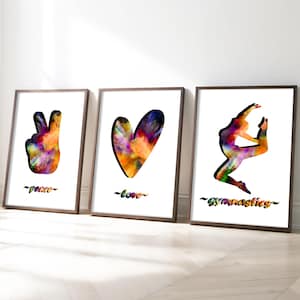 Peace Love Gymnastics, set di 3 stampe artistiche di ginnastica con affermazione, regalo di ginnastica per ragazze adolescenti, arredamento per la camera da letto delle ragazze, ginnastica moderna