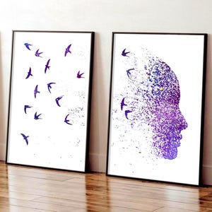 Set di 2 stampe da parete "Beautiful Mind", poster sulla forza mentale, decorazioni per la camera da letto viola per adolescenti, stampe da parete sul pensiero positivo, opere d'arte "Wonderful Mind"