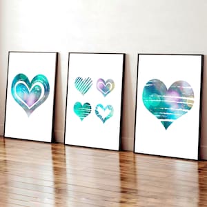Set di 3 stampe di cuori color verde acqua, decorazioni per camera da letto color verde acqua, stampe da parete per camera da letto per ragazze adolescenti, decorazioni astratte con cuori color verde acqua, stampe da parete color verde acqua per ragazze
