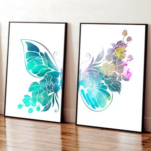 Juego de 2 impresiones artísticas de pared con mariposas en verde azulado, pintura de flores y mariposas, decoración para dormitorio de niña en verde azulado y rosa, mariposa abstracta, estampado animal