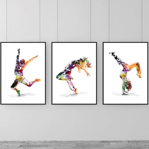 Set di 3 stampe da parete di danza di strada astratta, stampe di breakdance per ragazze, stampe da parete di danza freestyle, decorazioni per la camera da letto di ragazze adolescenti, stampe di ballerine