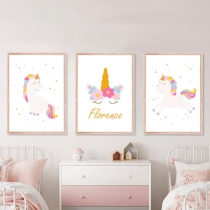 Juego de 3 impresiones de unicornio para pared, decoración de unicornio arcoíris, impresión con nombre de niña, pósteres sin marco, impresiones para dormitorio infantil y dormitorio de niña.