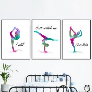 Set personalizzato di 3 stampe di ginnastica rosa e verde acqua, poster di affermazione di ginnastica, regalo di compleanno per ragazza ginnasta, arredamento per camera da letto per ragazza verde acqua