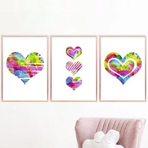 Set di 3 stampe a forma di cuore colorate, decorazione per la camera da letto delle ragazze, stampe da parete per la camera da letto delle ragazze adolescenti, decorazione a forma di cuore, cuori rosa, arte murale a forma di cuore