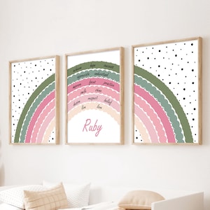 Set di 3 stampe di affermazioni per la camera da letto delle ragazze, citazioni positive personalizzate arcobaleno, decorazioni per la camera da letto delle ragazze rosa e salvia, arte ispiratrice per ragazze