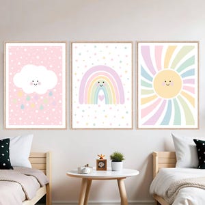 Pastel Rainbow Nursery Prints - Sunshine, Cloud, Sun - Set of 3