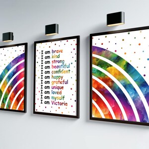 Stampe di affermazioni per bambini, set di 3 stampe per la camera da letto delle bambine, affermazioni positive per ragazze, decorazioni arcobaleno colorate, stampe da parete per ragazze adolescenti, "I am Affirm"