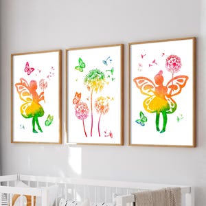 Set di 3 stampe di fate ad acquerello, stampe per cameretta delle bambine, decorazioni murali luminose per bambini, decorazioni per la camera delle bambine, stampe di fate per cameretta, stampe di tarassaco
