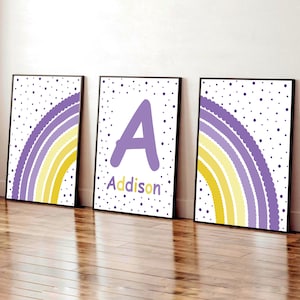 Purple Rainbow Nursery Prints: Set of 3, Personalized Girls Room Decor