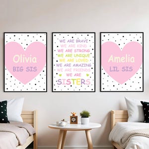 Decorazione per la camera da letto della sorella maggiore e della sorella minore, set di 3 stampe di affermazioni positive per fratelli, amicizia tra sorelle, decorazione per la camera da letto delle ragazze