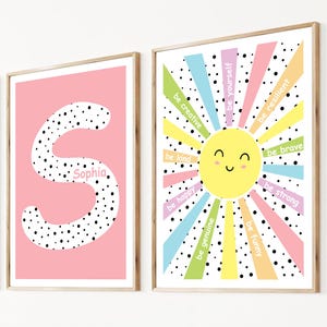 Juego de 2 impresiones de afirmación para niños, decoración de guardería personalizada, arte de pared con sol de arcoíris, citas positivas para el dormitorio de las niñas, impresiones femeninas rosas