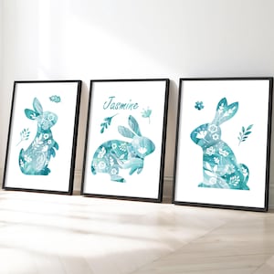 3er Set Hasen Kinderzimmer Wandbild, Moderne Folklore Kinderzimmer Drucke, Personalisierte Baby Hase Poster, Blaue Kaninchen Dekoration, Geschenk zur Geburt