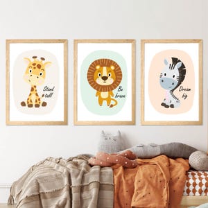 3er Set Dschungeltiere für Kinderzimmer, Safari Tiere Wandkunst, Neutrales Kinderzimmerdekor, Giraffe Löwe Zebra