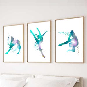 Set di 3 stampe da parete con ginnastica turchese per la cameretta delle bambine, decorazioni per la camera da letto delle bambine color verde acqua, regalo per bambine ginnaste, stampe sportive per bambini, ginnastica color verde acqua