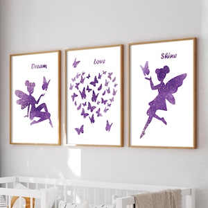 Set of 3 Affirmation Fairy Prints Purple Fairy Butterfly Posters Flying Fairies Nursery Wall Art Prints Abstract Butterflies and Fairies Set