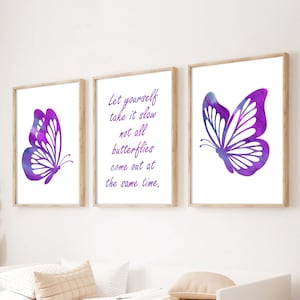 Juego de 3 impresiones de afirmación de mariposas moradas para la pared del dormitorio de las niñas, decoración morada para el dormitorio de las niñas, juego de arte de pared de afirmación positiva para niñas