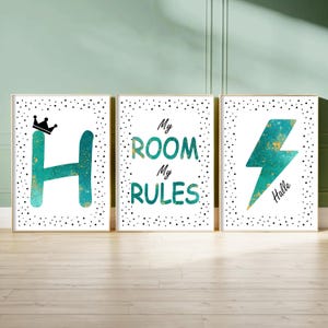 Set di 3 stampe da parete per ragazze adolescenti, stampe personalizzate per la camera da letto delle ragazze, la mia stanza, le mie regole, stampe da parete color verde acqua e oro, poster positivi per ragazze adolescenti