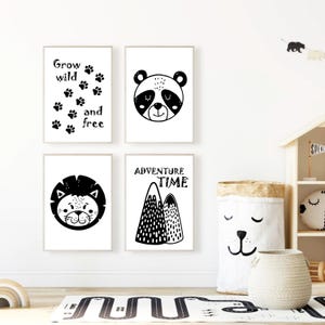 Arte murale in bianco e nero per la cameretta dei bambini, set di 4 stampe scandinave per la cameretta dei bambini, decorazioni per la cameretta dei bambini, poster per la cameretta dei neonati, set di stampe con animali per la cameretta dei bambini