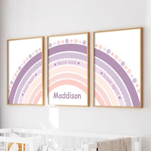 Arte murale arcobaleno viola e rosa, set di 3 stampe personalizzate arcobaleno pastello, arcobaleno per bambini, stampe per la camera delle bambine, decorazioni per la cameretta dei bambini in colori pastello