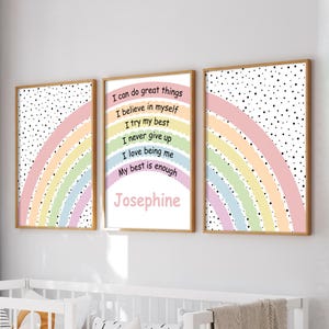 Set di 3 stampe con affermazioni per ragazze, decorazioni per la camera da letto delle ragazze, stampe arcobaleno pastello, stampe positive per la camera delle ragazze, stampa personalizzata, decorazioni arcobaleno
