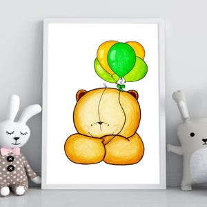 Neutral Teddy Bear Wall Art, Nursery Bear Print, Hand Drawn Bear with Balloons Print, Baby Bear Nursery Wall Art, Nursery Decor
