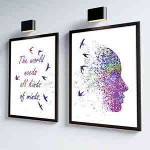 Set di 2 stampe da parete con affermazioni positive, poster sulla depressione per bambini, decorazioni per la forza mentale, set di stampe "Menti che sorprendono", decorazioni per la cameretta degli adolescenti