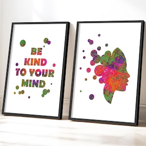 Set di 2 stampe da parete "Sii gentile con la tua mente", decorazione per la stanza degli adolescenti, poster sulla salute mentale, mente esplosiva, set di stampe da parete per la crescita personale
