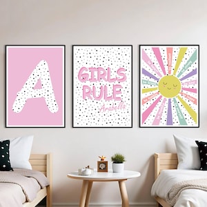 3er Set Personalisierte Mädchen Schlafzimmer Drucke, Rosa Kinderzimmer Dekor, Sonne Regenbogen Wand Kunst Drucke, Mädchen Regel Poster, Kinder Affirmation Wand Drucke
