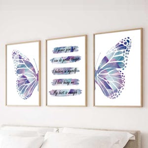 Stampe di affermazioni per ragazze, set di 3 stampe murali con farfalle viola, decorazioni positive per la camera da letto delle ragazze, stampe con ali di farfalla, stampe per la cameretta dei bambini con farfalle