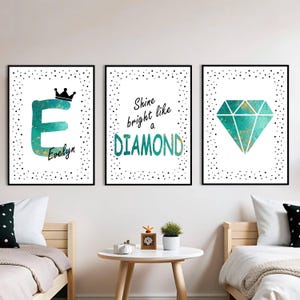 Set di 3 stampe personalizzate per la camera da letto delle bambine, decorazione per la camera delle bambine con citazioni positive, stampe murali color verde acqua e oro, brilla come un diamante come decorazione murale